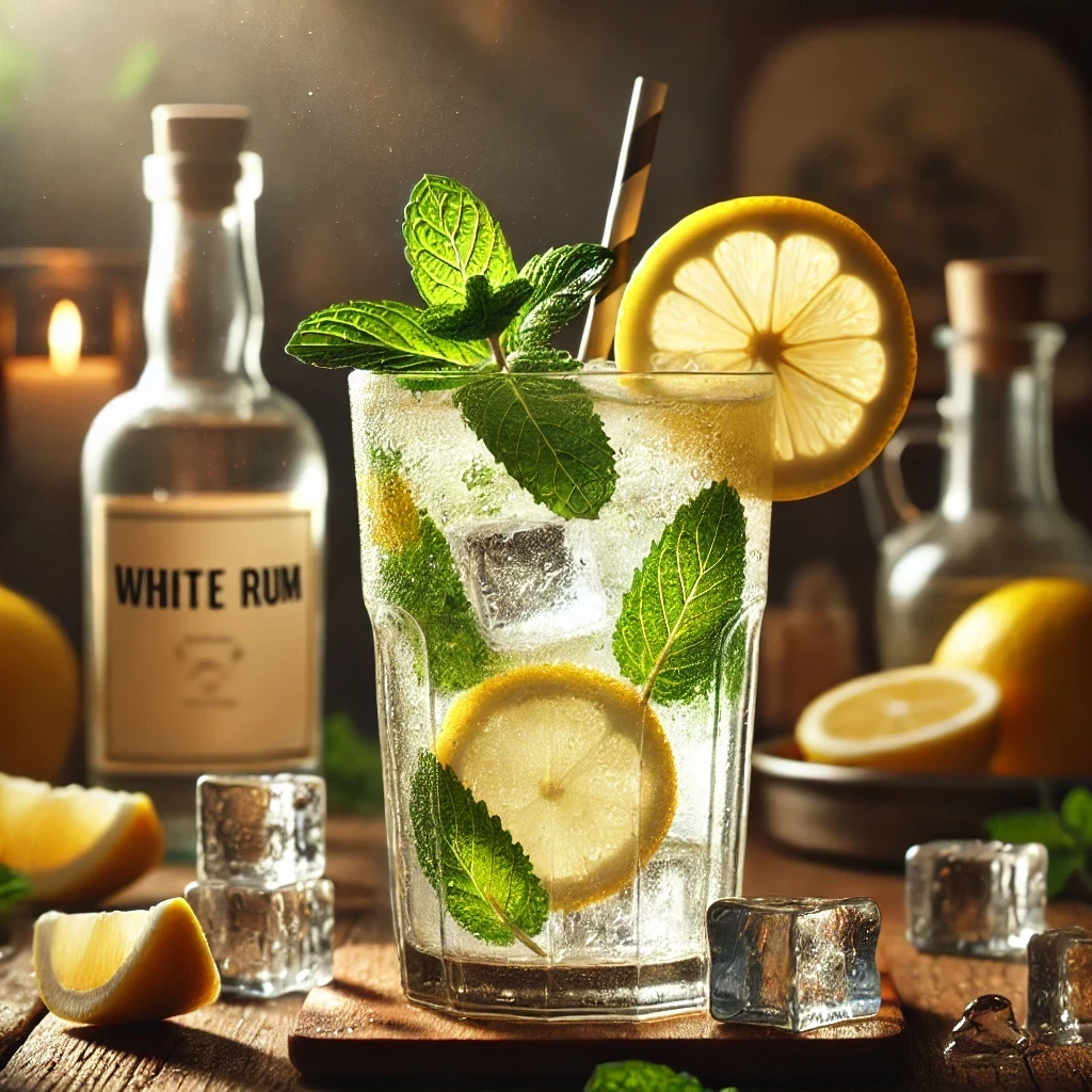 DALL·E 2024-09-01 11.28.11 - A realistic image of a refreshing alcoholic drink made with white rum, lemon syrup with mint and lemon slices, and sparkling water. The drink is serve